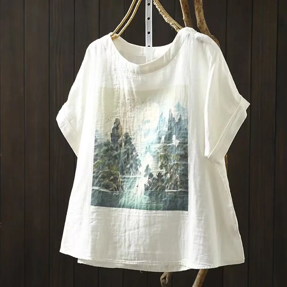Double Layer Cotton Gauze Printed Short Sleeve Crew Neck Shirt for Women, Petite Size, Literary Leisure Short Top eprolo