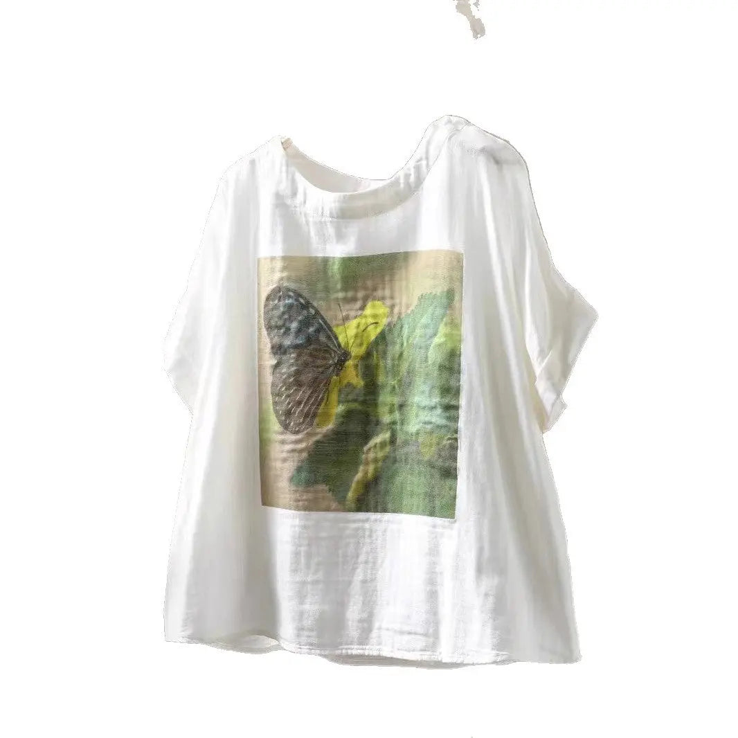 Double Layer Cotton Gauze Printed Short Sleeve Crew Neck Shirt for Women, Petite Size, Literary Leisure Short Top eprolo