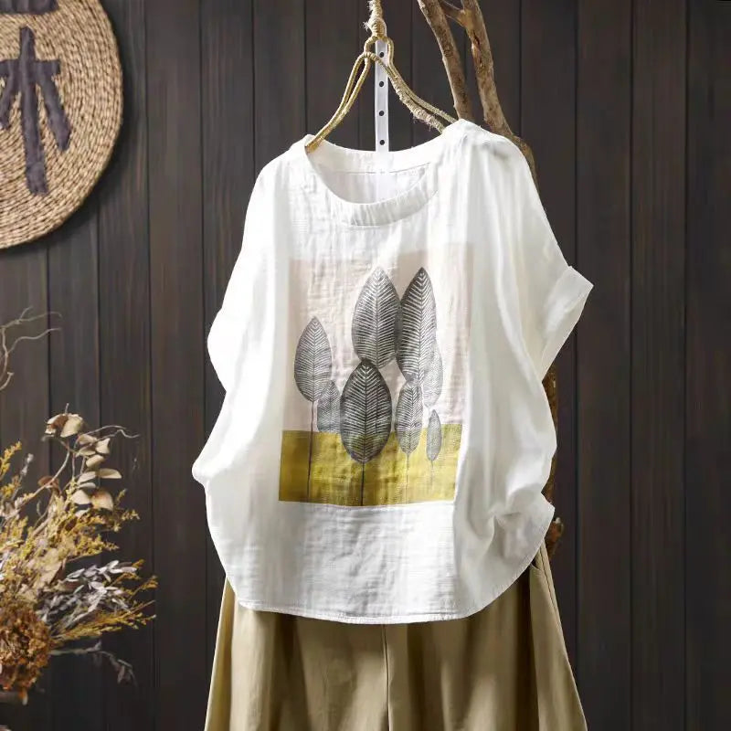 Double Layer Cotton Gauze Printed Short Sleeve Crew Neck Shirt for Women, Petite Size, Literary Leisure Short Top eprolo