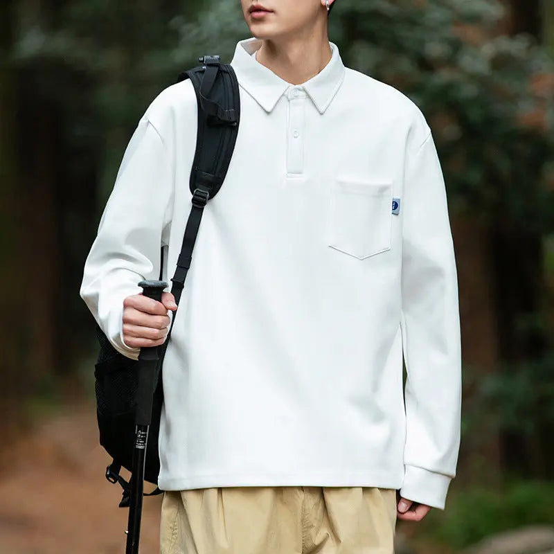 Outdoor men's long sleeved lapel simple pocket design polo shirt men's inner top eprolo
