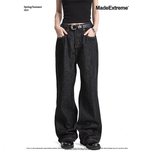 Dark Color Topstitching Straight Loose Commuting Denim Trousers Cleanfit