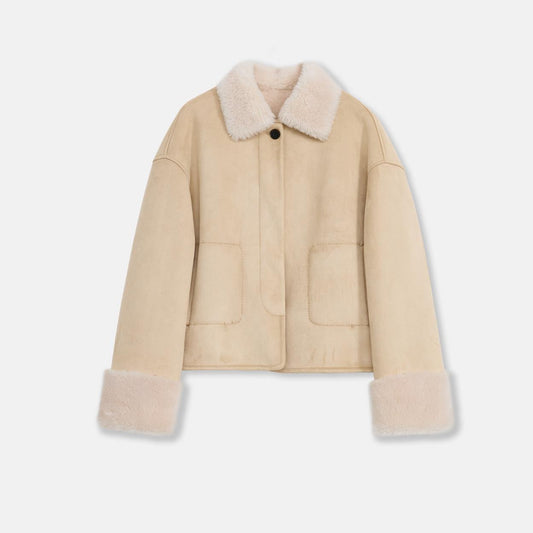 "Slightly Sweet Latte" Furry Lapel Wool Artificial Compound Suede Casual Straight Shearling Jacket-1