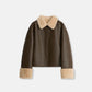 "Slightly Sweet Latte" Furry Lapel Wool Artificial Compound Suede Casual Straight Shearling Jacket-7